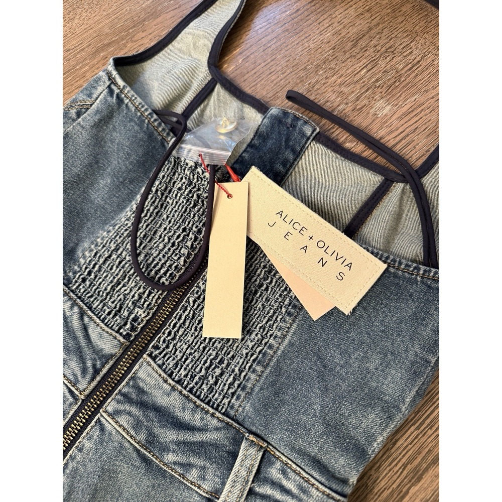 $550 NWT Alice+Olivia Gorgeous Pennie Denim Bootleg Halter Jumpsuit - Picture 16 of 16